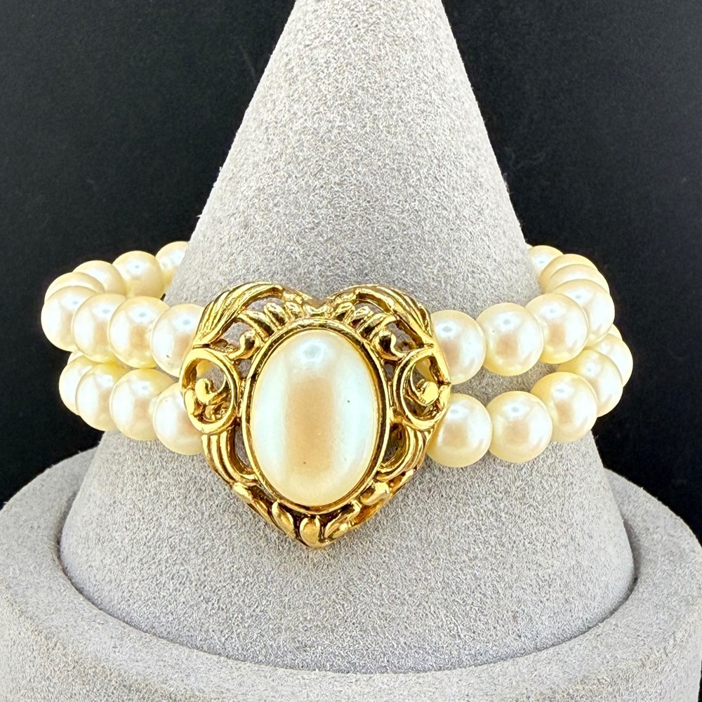 Vintage Richelieu Bracelet Cream Faux Pearl Heart Gold Tone Double Strand 7in